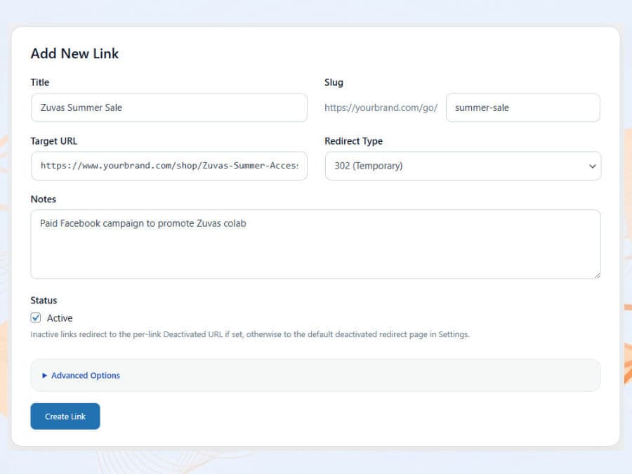 GoshLinks add new link screen in WordPress.